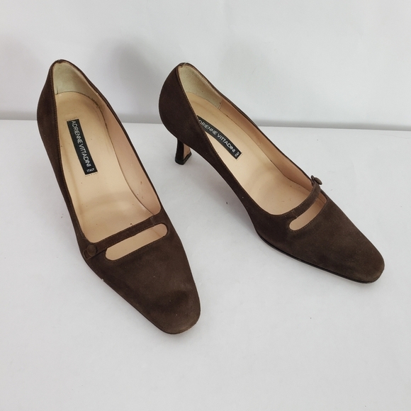 Adrienne Vittadini brown suede Square toe heel dainty button - Picture 3 of 9